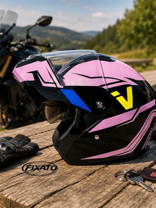 FIXATO Nova Roz Cască Moto Flip-Up ECE 22.06 cu Vizieră Solară