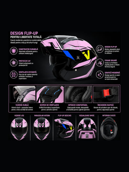 FIXATO Nova Roz Cască Moto Flip-Up ECE 22.06 cu Vizieră Solară