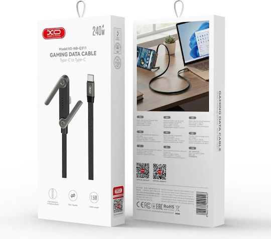 XO Flaches USB Typ-C Kabel männlich - USB-C 240W PD Schwarz 1,5m