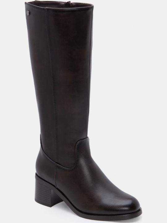 Suede Women's Boots with Mid Heel Brown
