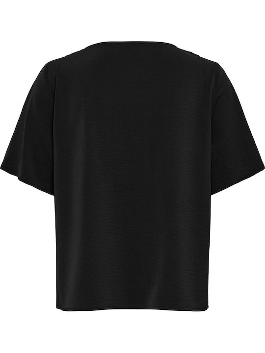 Damen Bluse Kurzärmelig Drapierung Schwarz