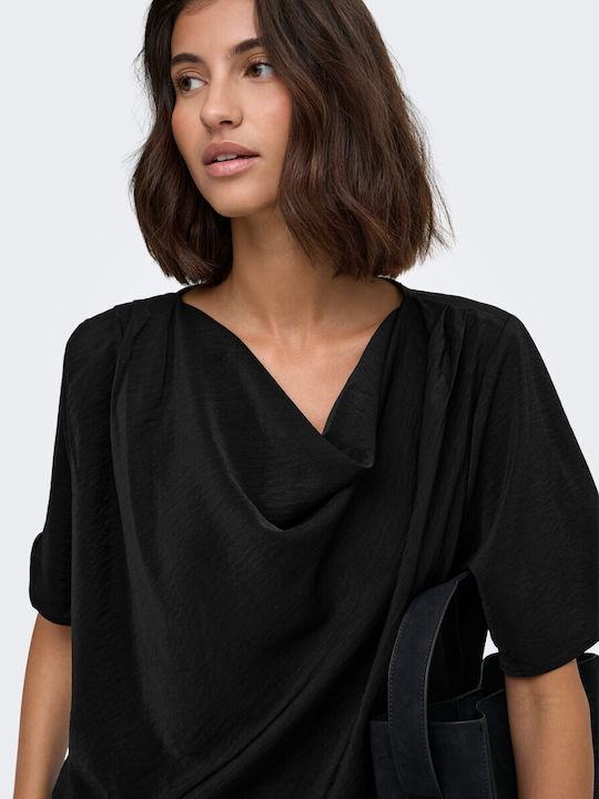 Damen Bluse Kurzärmelig Drapierung Schwarz