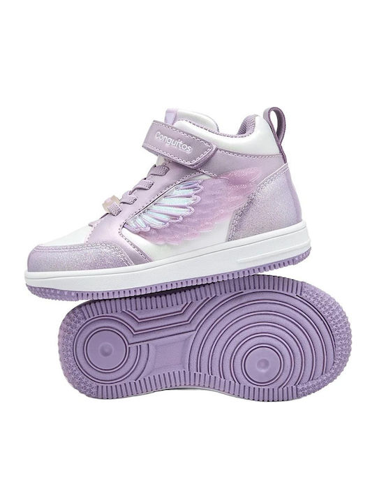 Kids Sneakers High with Hoop & Loop Closure and Purple Lights