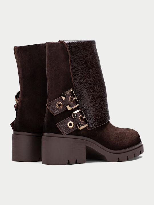 Leather Women's Ankle Boots with Mid Heel Brown