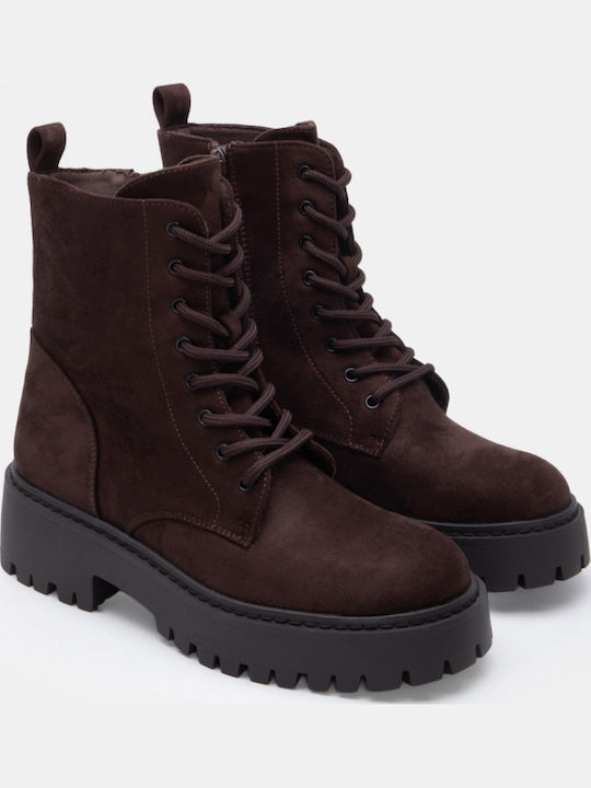 Suede Women's Combat Boots with Medium Heel Brown