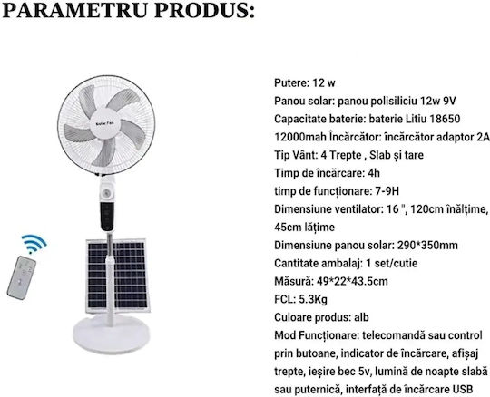 Pedestal Fan 12W Fan Diameter 40.64cm With Remote Control White
