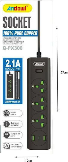 Andowl Power Strip 3 Sockets with USB-A and Switch