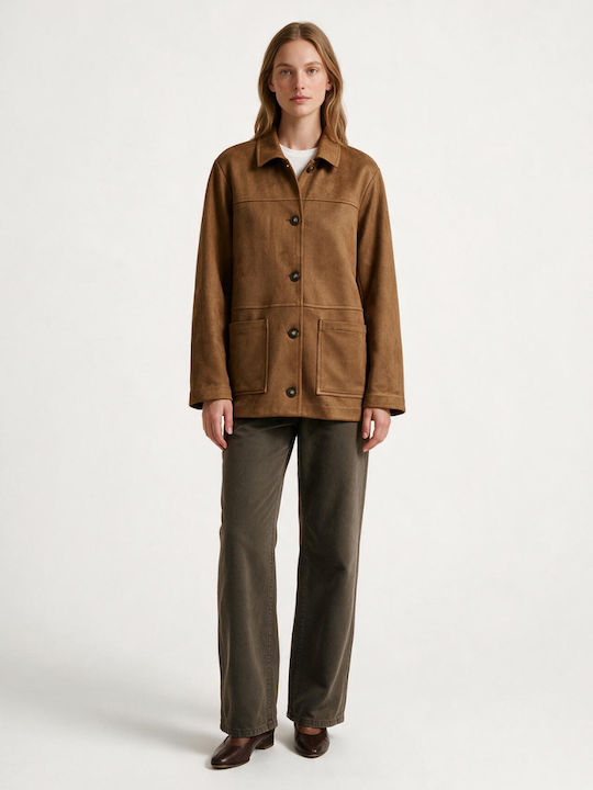 Long Suede Women's Jacket for Winter Cognac