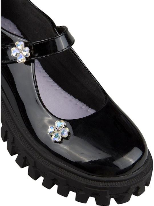 Kids Ballerinas With Hoop & Loop Closure Black Patent Leather