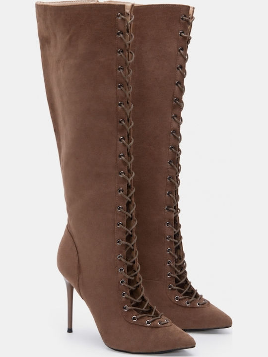 Wildleder Damenstiefel mit Hohem Absatz Beiges