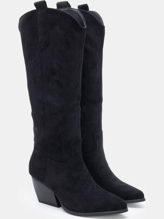 Suede Women's Cowboy Boots with Mid Heel Black