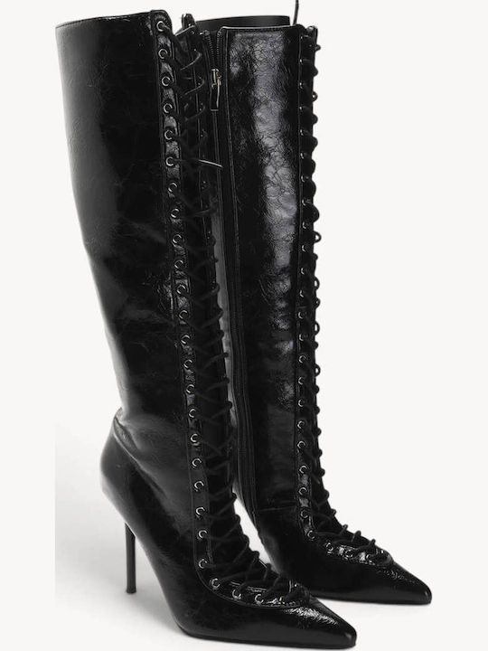 Schwarze Damenstiefel Mit Schnürung Vorne Stiletto Absatz