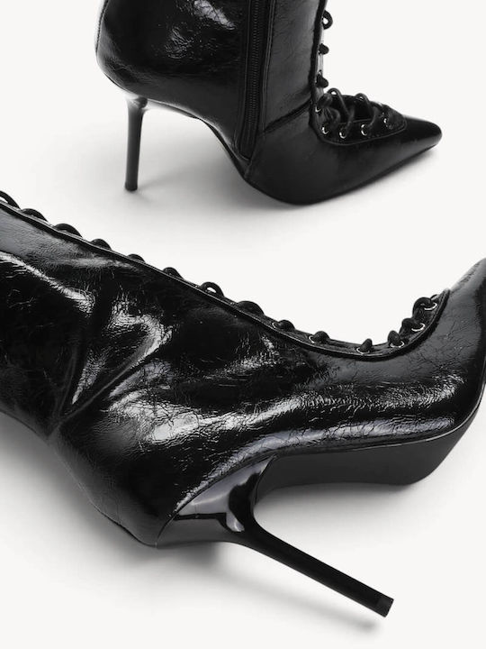 Schwarze Damenstiefel Mit Schnürung Vorne Stiletto Absatz