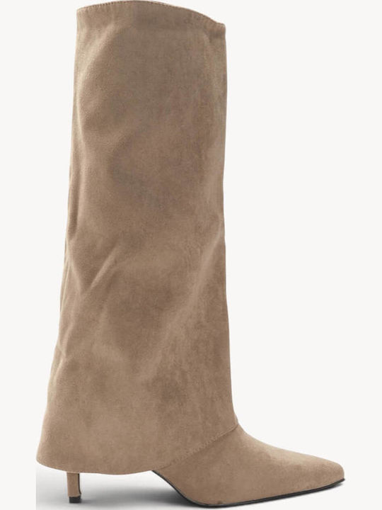 Μπεζ Suede Μπότες Minimal Cape Design Κ Kitten Heel