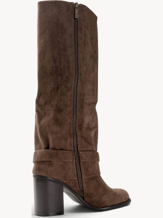 Beige Wildleder Damenstiefel mit Riemen Hochblockabsatz