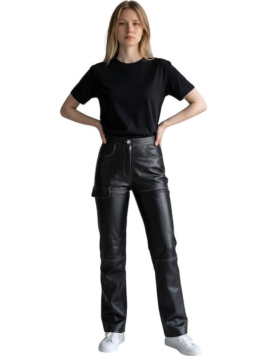 Women's Leather Trousers in Straight Leg Black