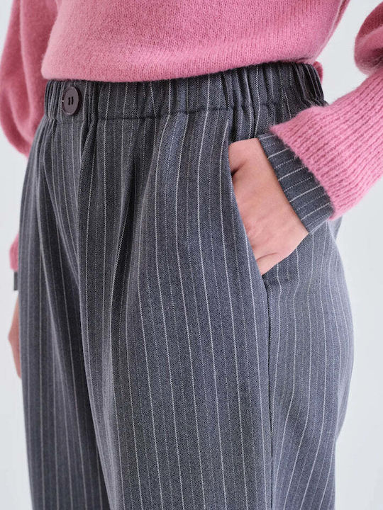 Pantaloni Dama Cu Talie Înaltă Din Țesătură Cu Elastic În Croială Regular Gri