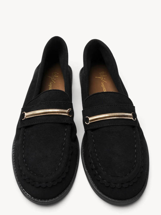 Black Moccasins Suede Texture Metallic Bar