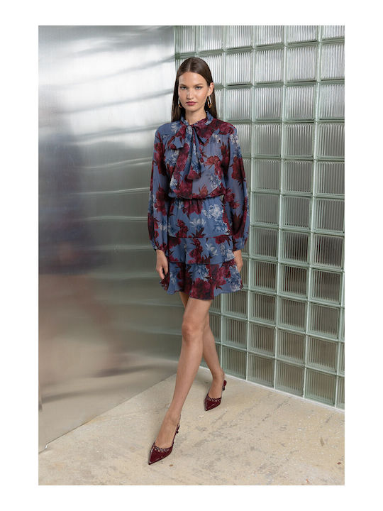 Summer Mini Shirt Dress with Ruffles Burgundy