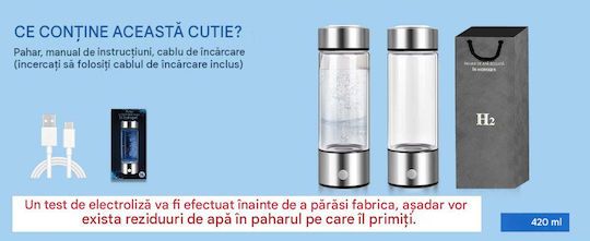 Arvada Hydrogo Sticlă pentru Prepararea Apei Îmbogățite cu Hidrogen 420 Ml Tehnologie de Electroliză Recipient din Sticlă Borosilicată Încărcare Usb Operare cu Un Singur Buton