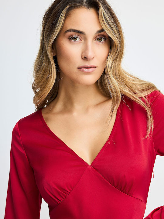 Summer Midi Evening Shirt Dress Open Back Red