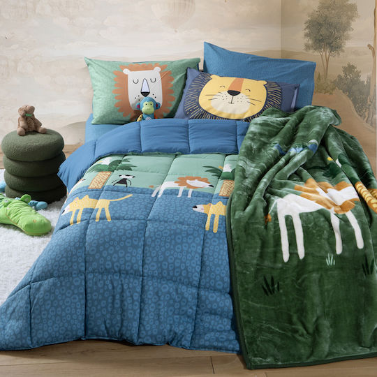 Nef-Nef Homeware Kinderbettdecke Einzel mit Mikrofaserfüllung Jungle Mania Grün/Blau 160x220cm