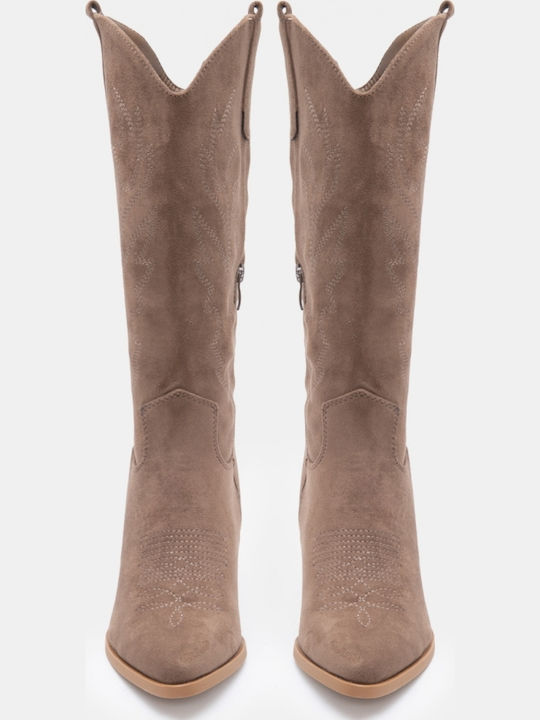 Damenstiefel Cowboy mit Wildleder Über dem Knie mit Absatzhöhe Mittelbraun
