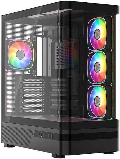 Modecom Volcano AQ100 Gaming Midi-Turm Computergehäuse mit Seitenfenster und ARGB-Beleuchtung Schwarz
