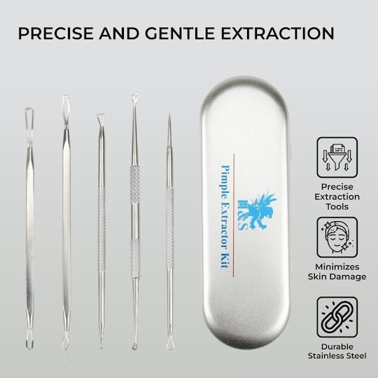 Set de 5 instrumente din oțel inoxidabil pentru îndepărtarea punctelor negre Curățare facială pentru acnee Carcasă din oțel inoxidabil Argintie