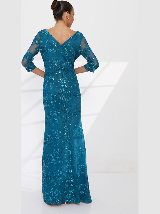 Rochie de Vară Maxi de Seară Rochie-cămașă Satin cu Dantelă Petrol