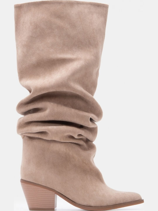Suede Women's Cowboy Boots with Mid Heel Beige