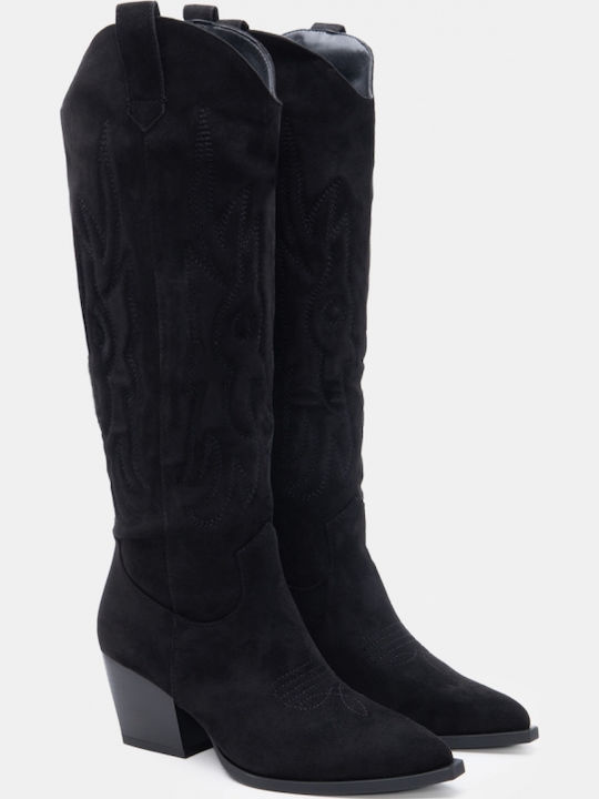 Suede Women's Cowboy Boots with Mid Heel Black