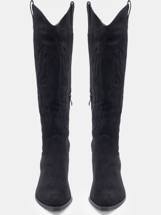 Suede Women's Cowboy Boots with Mid Heel Black