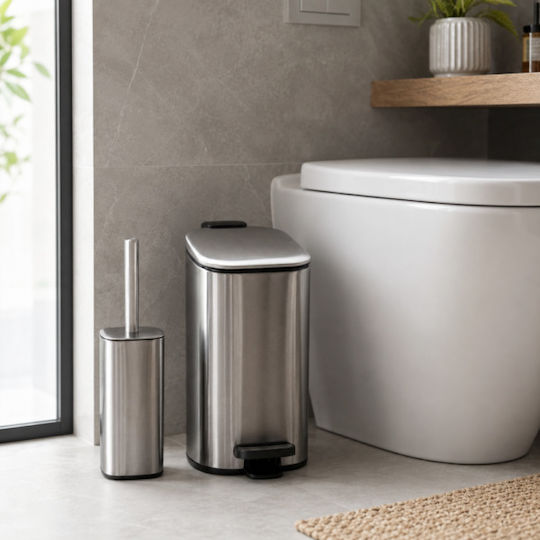 Eurocasa Inox Bathroom Brush and Trash Can Set Soft Close 6lt Silver