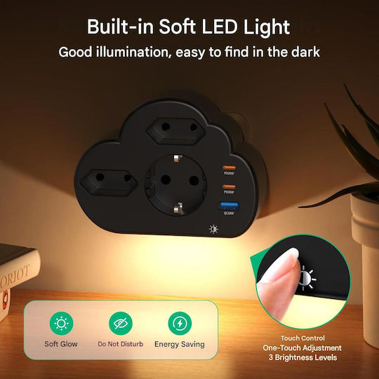 Hafino 6-in-1 Priză multiplă Un singur soclu 3 poziții cu USB-A și 1 USB-C Maro