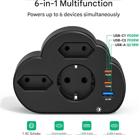 Hafino 6-in-1 Priză multiplă Un singur soclu 3 poziții cu USB-A și 1 USB-C Maro