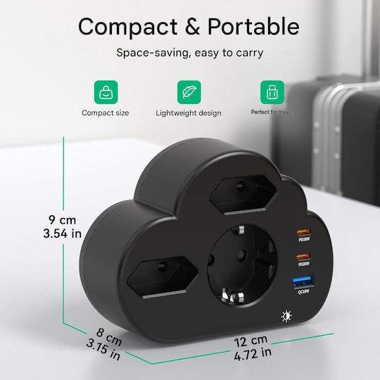 Hafino 6-in-1 Priză multiplă Un singur soclu 3 poziții cu USB-A și 1 USB-C Maro