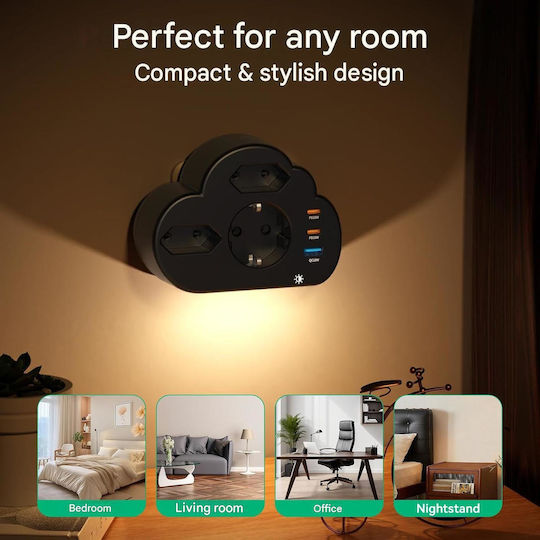 Hafino 6-in-1 Priză multiplă Un singur soclu 3 poziții cu USB-A și 1 USB-C Maro
