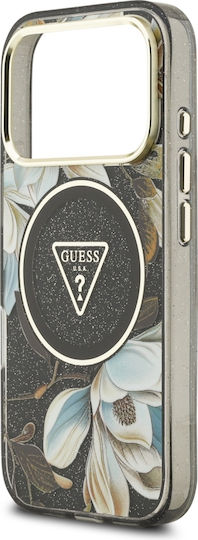 Guess Iml Glitter Flowers Triangle Magsafe Калъф за iPhone 18 Pro 17 Pro Черен