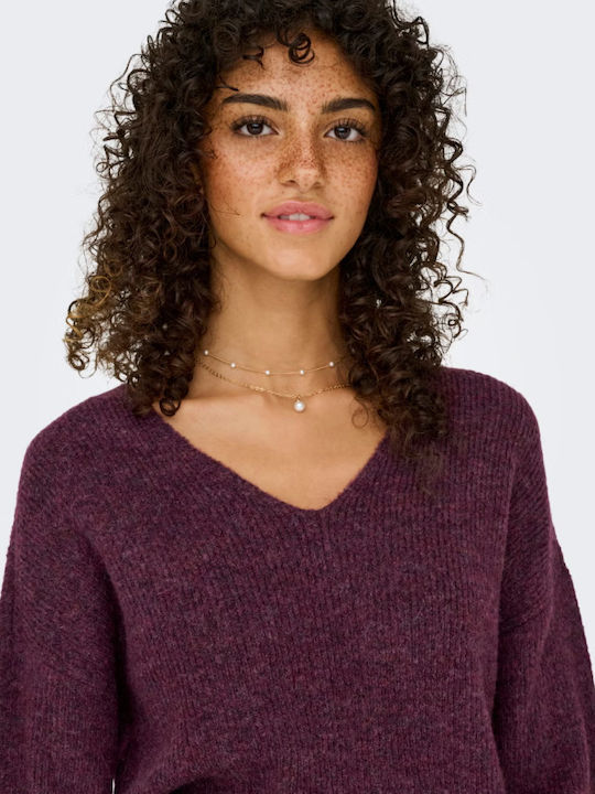 Damen Langärmeliges Pullover mit V-Ausschnitt Burgundisch