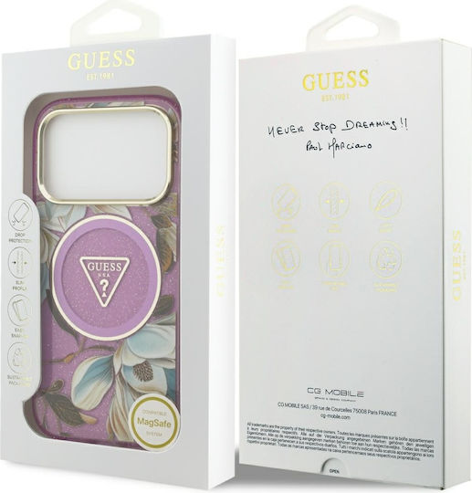 Guess Iml Glitter Flowers Triangle Magsafe Case Iphone 18 Pro 17 Pro Purple