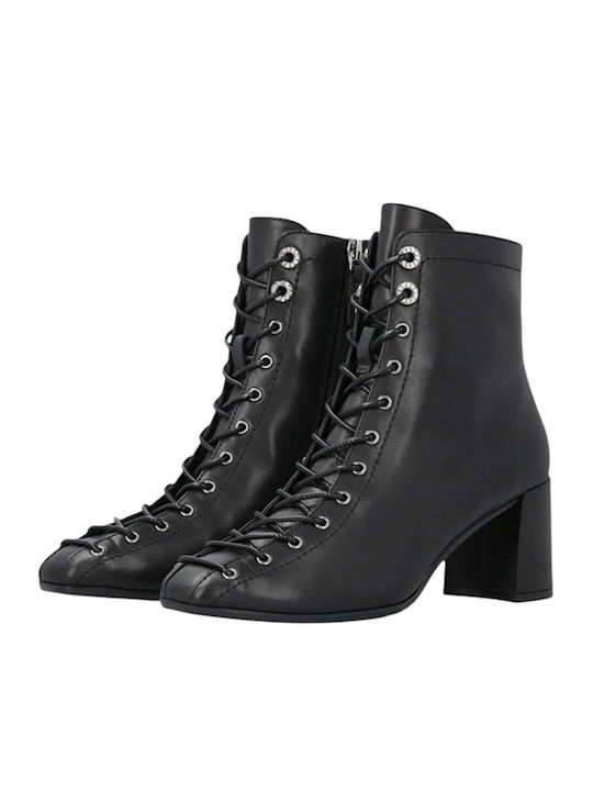Дамски кожени ботуши с среден ток Черни