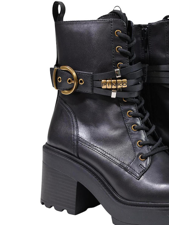 Leder Damen Stiefeletten mit Mittelhohem Absatz Schwarz