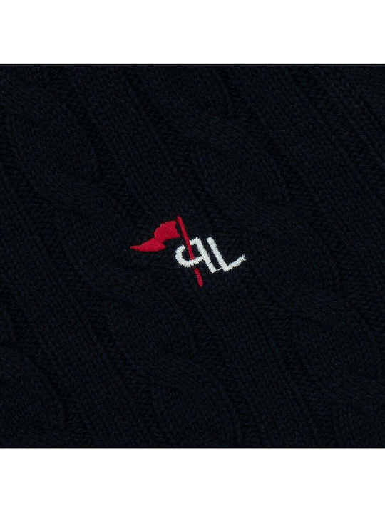 Детска жилетка плетена с качулка синя