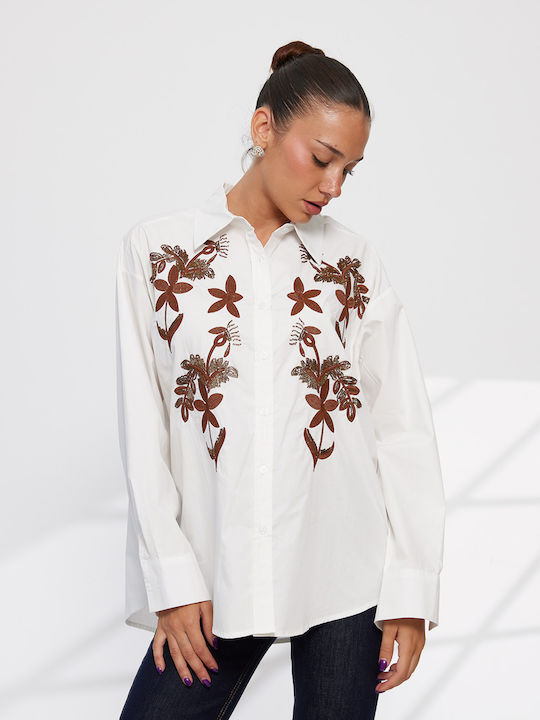 Langärmeliges Damen Denim Hemd Weiß Blumen