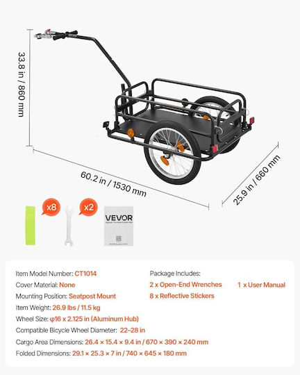 Vevor Bicycle Trailer 2 in 1 Foldable 40 Kg Wheels 406 Mm Steel Frame Bikes 559-711 Mm Cgkzxchytchj4hv68001v0