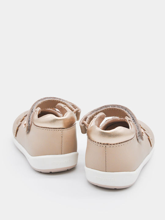 Kids Ballerinas with Hook & Loop Closure Leather Beige Mary Janes