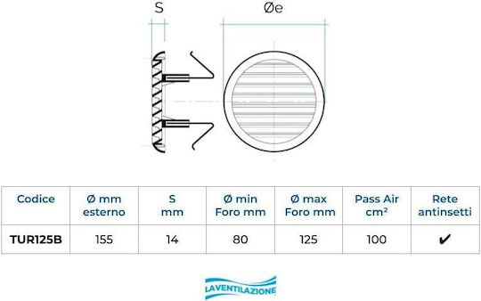 Lüftungsgitter Περσίδα Εξαερισμού 15.5x15.5cm Rund mit Sieb