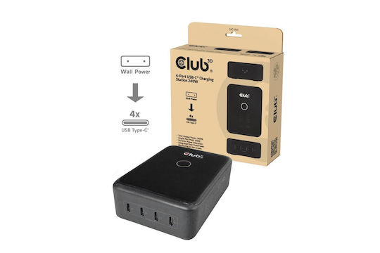 Club3D База за Зареждане GaN с 4 USB-C Изходни Порта 240W Power Delivery в Черен Цвят (CAC-1933)