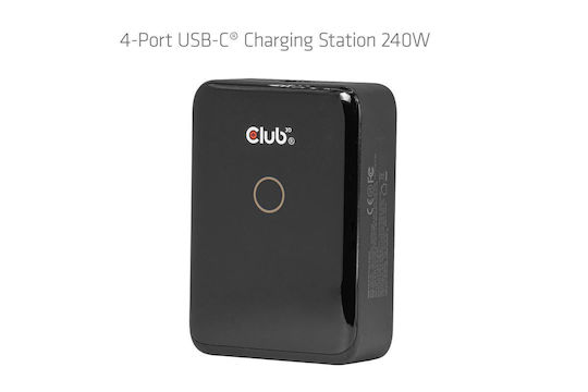 Club3D База за Зареждане GaN с 4 USB-C Изходни Порта 240W Power Delivery в Черен Цвят (CAC-1933)